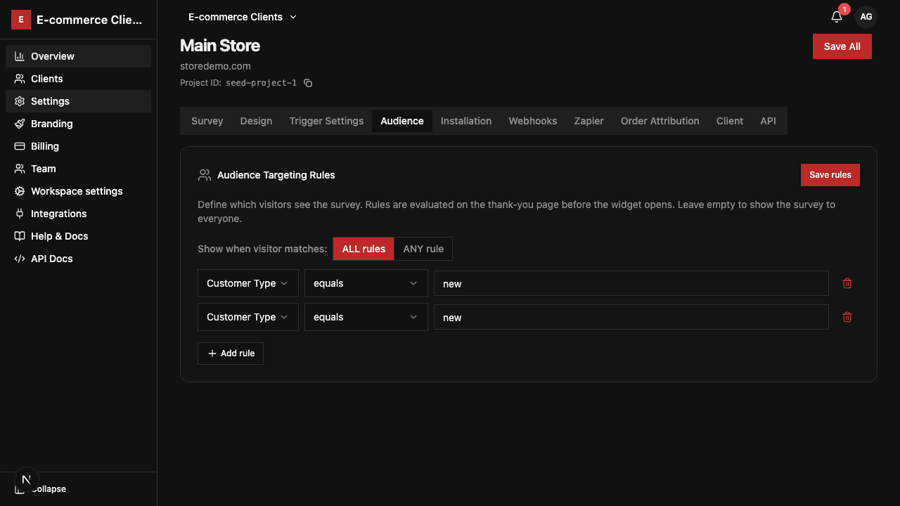 Audience targeting rules panel showing order value, customer type, and tag conditions