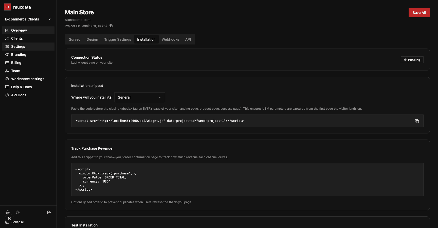 Installation tab showing connection status, script tag code, and purchase tracking snippet