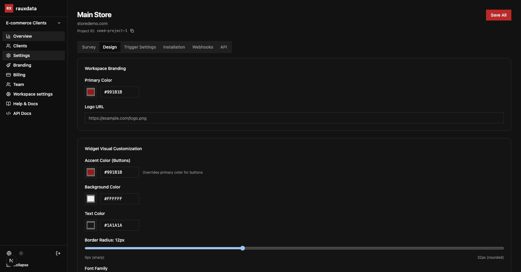 Live widget preview in the Design tab showing a survey card with branded buttons